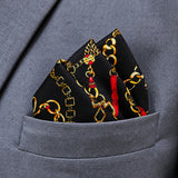 Chains and Straps (Black) pocket square — close-up wearing detail.