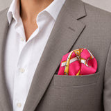 Chains and Straps (Pink) pocket square — light jacket · wearing detail.