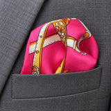 Chains and Straps (Pink) pocket square — close-up wearing detail.