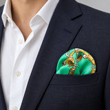 Chains and Straps (Sea Green) pocket square — navy jacket · wearing detail.