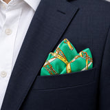 Chains and Straps (Sea Green) pocket square — navy jacket · alternate fold.