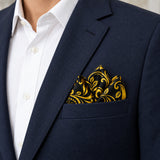 Chinese Floral Art pocket square — navy jacket · alternate fold.