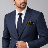 Chinese Floral Art pocket square — formal model · navy and tie.