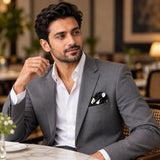 Black and White Jumbo Polka Dots pocket square — restaurant lifestyle.