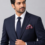 Colourful Abstract Art pocket square — formal model · navy and tie.