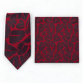 Crimson Leaf Silhouette silk tie and matching pocket square — Polished folded pair
