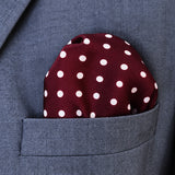 Dark Maroon with White Polka Dots pocket square — close-up wearing detail.