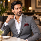 Dark Maroon with White Polka Dots pocket square — restaurant lifestyle.