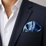 Deep Blue Ocean pocket square — navy jacket · wearing detail.