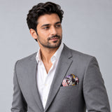 Doodle Do pocket square — model · light grey and open collar.