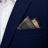 Dusty Grey Tartan Checks pocket square — navy jacket · alternate fold.