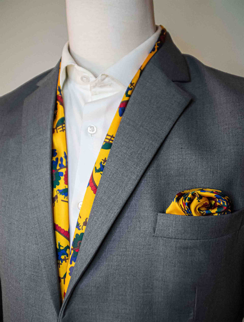 Mustard Paisley And Floral - Silk Scarf And Pocket Square Set