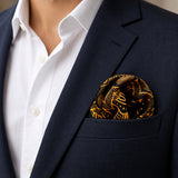 Gold Ornamental pocket square — navy jacket · wearing detail.