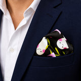 Halloween Scrapbook Paper Ghost pocket square — navy jacket · wearing detail.