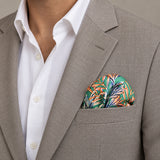 In The Jungle pocket square — light jacket · wearing detail.