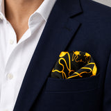 Golden Reverie pocket square — navy jacket · wearing detail.
