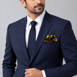 Golden Reverie pocket square — formal model · navy and tie.