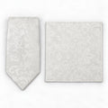 Ivory Scroll Damask silk tie and matching pocket square — Polished folded pair