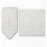 Ivory Scroll Damask silk tie and matching pocket square — Polished folded pair