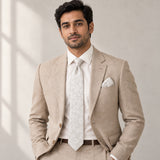 Ivory Scroll Damask silk tie and matching pocket square — Light beige · studio portrait