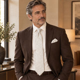 Ivory Scroll Damask silk tie and matching pocket square — Deep brown · relaxed portrait