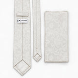 Ivory Scroll Damask silk tie and matching pocket square — Rear construction and matching fold