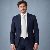 Ivory Scroll Damask Silk Tie — Navy suit portrait