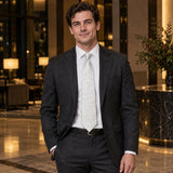 Ivory Scroll Damask Silk Tie — Charcoal suit evening