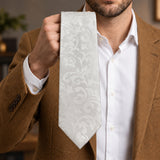 Ivory Scroll Damask Silk Tie — Handheld tie blade detail