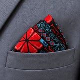 Kaleidoscope pocket square — close-up wearing detail.