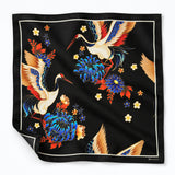 Mandarin Heron Black pocket square — unfolded studio detail.