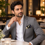 Mandarin Heron Black pocket square — restaurant lifestyle.