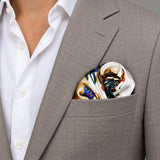 Mandarin Heron White pocket square — light jacket · wearing detail.