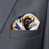 Mandarin Heron White pocket square — close-up wearing detail.