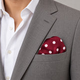 Maroon and White Polka Dots pocket square — light jacket · wearing detail.