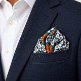 Mexican Floral Loop pocket square — navy jacket · alternate fold.