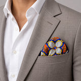 Mexican Talavera pocket square — light jacket · wearing detail.