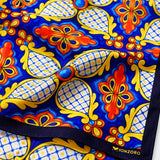 Mexican Talavera pocket square — fabric and design close-up.