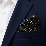 Mini Point Black pocket square — navy jacket · alternate fold.