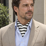 Black & White Stripes Silk Ascot — Beige · open collar detail