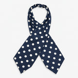 Navy Polka Silk Ascot — Crossed full-length layout