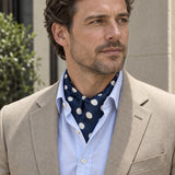 Navy Polka Silk Ascot — Beige · open collar detail
