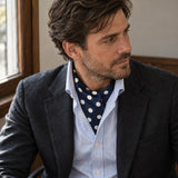 Navy Polka Silk Ascot — Window light portrait