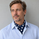 Navy Polka Silk Ascot — Shirt-only portrait