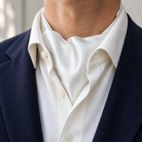 Pearl White Paradigm Silk Ascot — Navy · soft knot detail