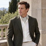 Sleek Black & White Stripes Silk Ascot — Olive · terrace portrait