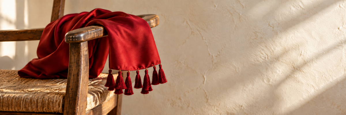 Bordeaux wine-coloured scarf draped naturally with its fringe visible.