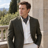 White Cane Crow Silk Ascot — Olive · terrace portrait