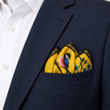 Morning Bird pocket square — navy jacket · alternate fold.