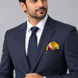 Morning Bird pocket square — formal model · navy and tie.
